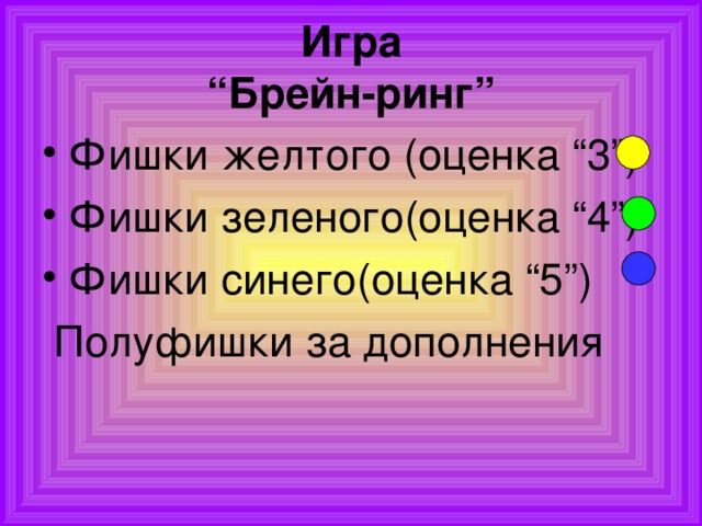 Игра  “Брейн-ринг” Фишки желтого (оценка “3”) Фишки зеленого(оценка “4”) Фишки синего(оценка “5”)  Полуфишки за дополнения