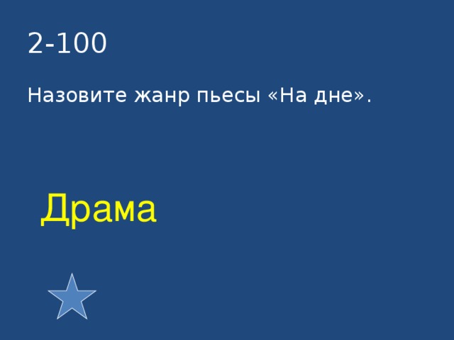 2-100 Назовите жанр пьесы «На дне». Драма