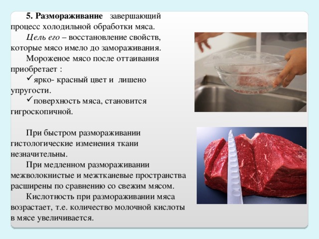5. Размораживание завершающий процесс холодильной обработки мяса. Цель его – восстановление свойств, которые мясо имело до замораживания. Мороженое мясо после оттаивания приобретает : ярко- красный цвет и лишено упругости. поверхность мяса, становится гигроскопичной. При быстром размораживании гистологические изменения ткани незначительны. При медленном размораживании межволокнистые и межтканевые пространства расширены по сравнению со свежим мясом. Кислотность при размораживании мяса возрастает, т.е. количество молочной кислоты в мясе увеличивается.