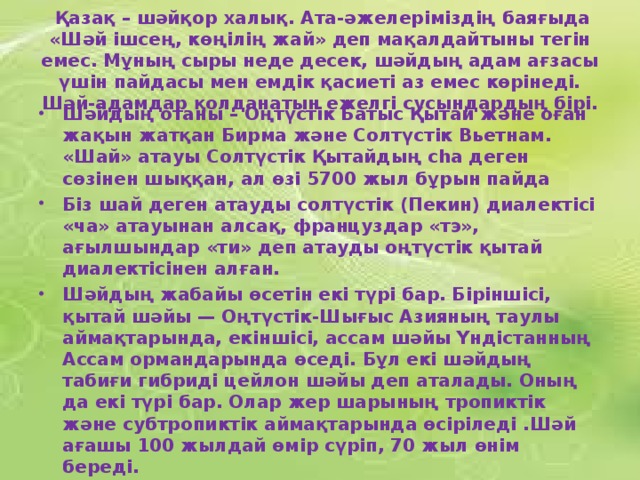 Қазақ – шәйқор халық. Ата-әжелеріміздің баяғыда «Шәй ішсең, көңілің жай» деп мақалдайтыны тегін емес. Мұның сыры неде десек, шәйдың адам ағзасы үшін пайдасы мен емдік қасиеті аз емес көрінеді. Шәй-адамдар қолданатын ежелгі сусындардың бірі.