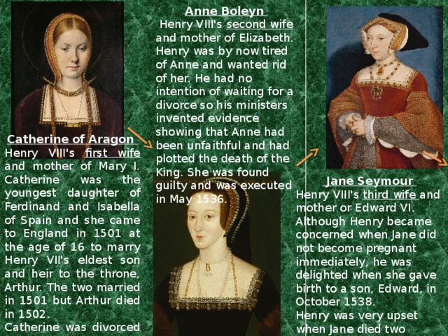 Anne Boleyn  Henry VIII's second wife and mother of Elizabeth. Henry was by now tired of Anne and wanted rid of her. He had no intention of waiting for a divorce so his ministers invented evidence showing that Anne had been unfaithful and had plotted the death of the King. She was found guilty and was executed in May 1536. Catherine of Aragon Henry VIII's first wife and mother of Mary I. Catherine was the youngest daughter of Ferdinand and Isabella of Spain and she came to England in 1501 at the age of 16 to marry Henry VII's eldest son and heir to the throne, Arthur. The two married in 1501 but Arthur died in 1502. Catherine was divorced by Henry in 1533 and died in 1536.  Jane Seymour Henry VIII's third wife and mother or Edward VI. Although Henry became concerned when Jane did not become pregnant immediately, he was delighted when she gave birth to a son, Edward, in October 1538. Henry was very upset when Jane died two weeks later.