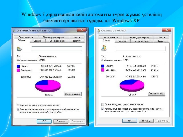 Windows 7 ,орнатқаннан кейін автоматты түрде жұмыс үстелінің элементтері шығып тұрады, ал Windows XP