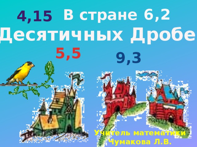 В стране 6,2  Десятичных Дробей 4,15 5,5 9,3 Учитель математики Чумакова Л.В.