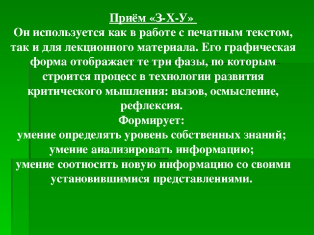 Приём «З-Х-У» Он используется как в работе с печатным текстом, так и для лекционного материала. Его графическая форма отображает те три фазы, по которым строится процесс в технологии развития критического мышления: вызов, осмысление, рефлексия. Формирует: умение определять уровень собственных знаний; умение анализировать информацию; умение соотносить новую информацию со своими установившимися представлениями.