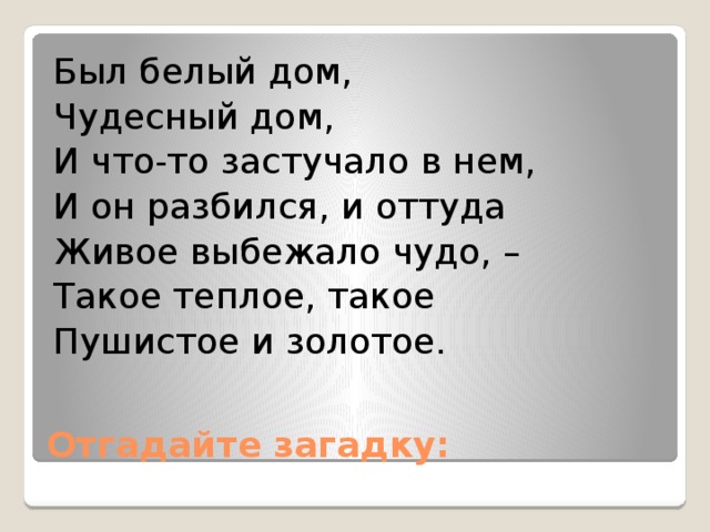 Был белый дом, Чудесный дом, И что-то застучало в нем, И он разбился, и оттуда Живое выбежало чудо, – Такое теплое, такое Пушистое и золотое. Отгадайте загадку: