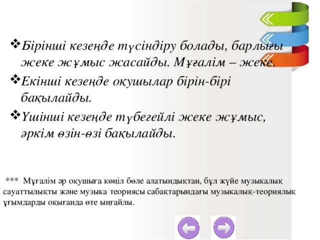 Бірінші кезеңде түсіндіру болады, барлығы жеке жұмыс жасайды. Мұғалім – жеке. Екінші кезеңде оқушылар бірін-бірі бақылайды. Үшінші кезеңде түбегейлі жеке жұмыс, әркім өзін-өзі бақылайды.