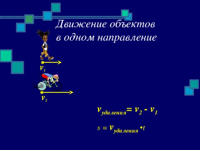 Движение объектов  в одном направление v 1 v 2 v удаления = v 2 - v 1 s =  v удаления •t