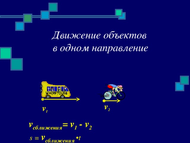 Движение объектов  в одном направление v 2 v 1 v сближения = v 1 - v 2 s =  v сближения •t