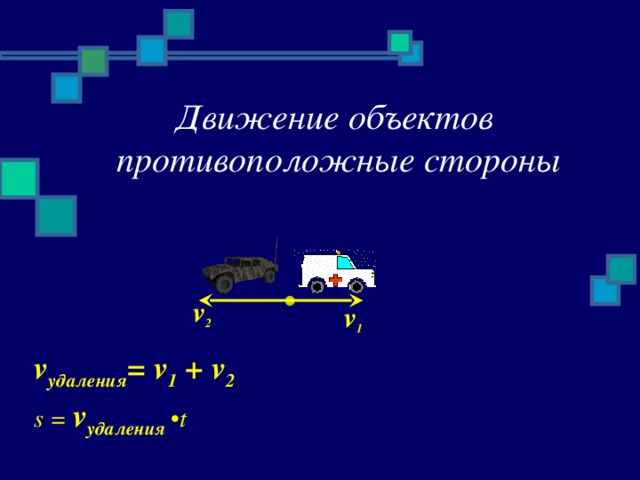 Движение объектов  противоположные стороны v 2 v 1 v удаления = v 1 + v 2 s =  v удаления •t