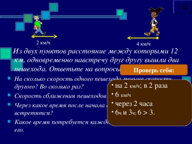 2 км/ч 4 км/ч  Из двух пунктов расстояние между которыми 12 км, одновременно навстречу друг другу вышли два пешехода. Ответьте на вопросы: На сколько скорость одного пешехода меньше скорости другого? Во сколько раз? Скорость сближения пешеходов? Через какое время после начала движения пешеходы встретятся? Какое время потребуется каждому на весь путь? Сравните его.    Проверь себя: