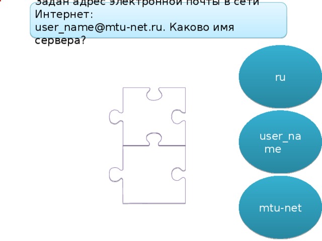 Задан адрес электронной почты в сети Интернет: user_name@mtu-net.ru. Каково имя сервера? ru user_name  mtu-net