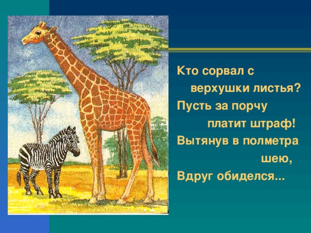 Кто сорвал с  верхушки листья? Пусть за порчу  платит штраф! Вытянув в полметра  шею, Вдруг обиделся...