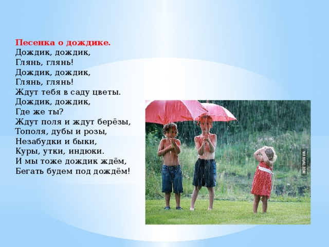 Песенка о дождике. Дождик, дождик, Глянь, глянь! Дождик, дождик, Глянь, глянь! Ждут тебя в саду цветы. Дождик, дождик, Где же ты? Ждут поля и ждут берёзы, Тополя, дубы и розы, Незабудки и быки, Куры, утки, индюки. И мы тоже дождик ждём, Бегать будем под дождём!