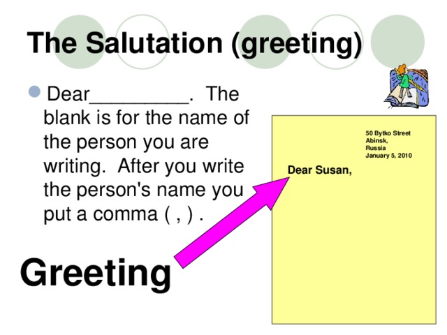 The Salutation (greeting) Dear_________.  The blank is for the name of the person you are writing.  After you write the person's name you put a comma ( , ) . 50 Bytko Street Abinsk, Russia January 5, 2010 Dear Susan, Greeting