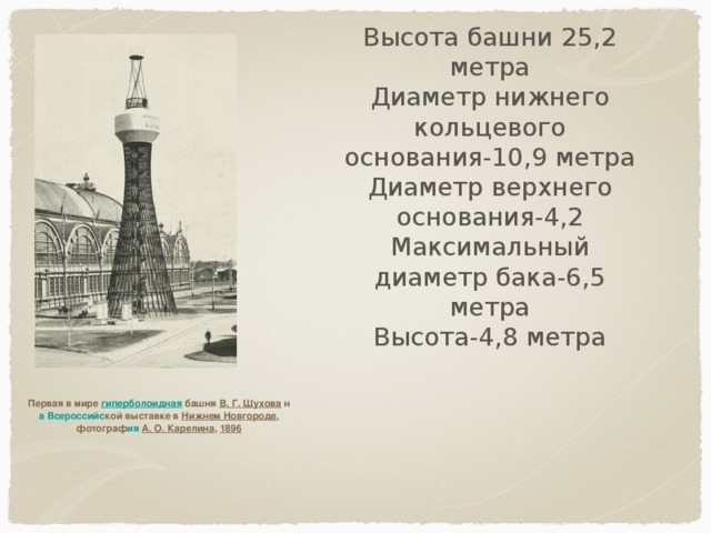 Высота башни 25,2 метра Диаметр нижнего кольцевого основания-10,9 метра Диаметр верхнего основания-4,2 Максимальный диаметр бака-6,5 метра Высота-4,8 метра Первая в мире гиперболоидная башня В. Г. Шухова н а Всероссийс кой выставке в Нижнем Новгороде , фотограф ия А. О. Карелин а , 1896