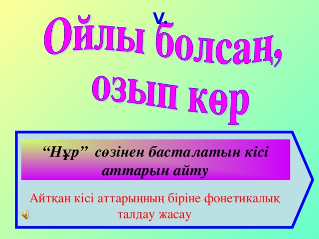 V. “ Нұр” сөзінен басталатын кісі аттарын айту Айтқан кісі аттарыңның біріне фонетикалық талдау жасау