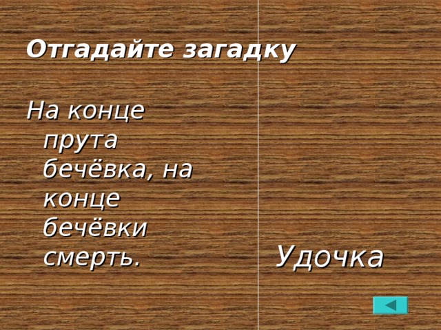 Отгадайте загадку На конце прута бечёвка, на конце бечёвки смерть.      Удочка