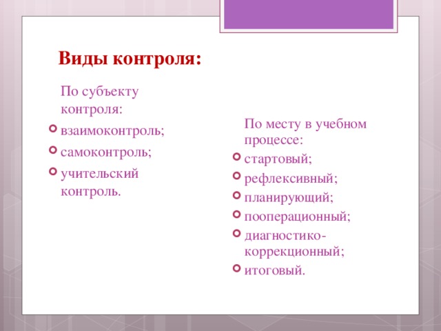 Виды контроля:  По субъекту контроля: взаимоконтроль; самоконтроль; учительский контроль.  По месту в учебном процессе: