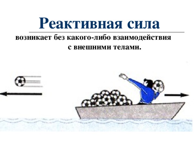 Реактивная сила  возникает без какого-либо взаимодействия с внешними телами.  Например, если запастись достаточным количеством мячей, то лодку можно разогнать и без помощи весел, действием только одних внутренних сил. Толкая мяч, человек (а значит и лодка) сам получает толчок согласно закону сохранения импульса.