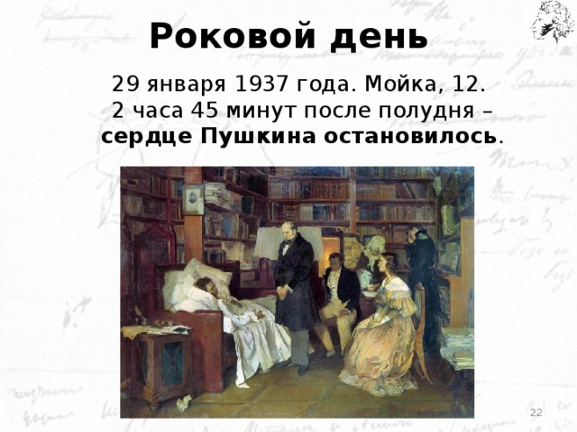 Роковой день 29 января 1937 года. Мойка, 12. 2 часа 45 минут после полудня – сердце Пушкина остановилось .