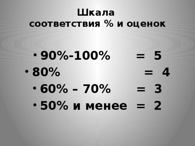 Шкала  соответствия % и оценок 90%-100% = 5 80% = 4 60% – 70% = 3 50% и менее = 2