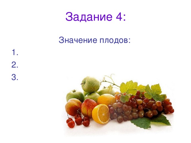 Задание 4:   Значение плодов: 1. 2. 3.
