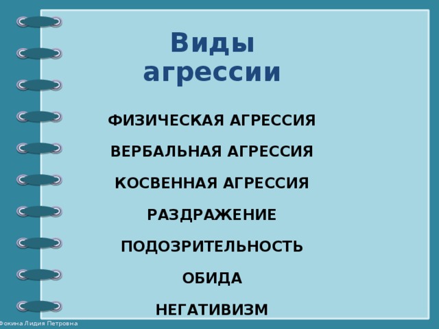 Виды агрессии  ФИЗИЧЕСКАЯ АГРЕССИЯ  ВЕРБАЛЬНАЯ АГРЕССИЯ  КОСВЕННАЯ АГРЕССИЯ  РАЗДРАЖЕНИЕ  ПОДОЗРИТЕЛЬНОСТЬ  ОБИДА  НЕГАТИВИЗМ