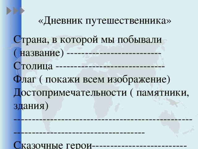 «Дневник путешественника» Страна, в которой мы побывали ( название) -------------------------- Столица ------------------------------ Флаг ( покажи всем изображение) Достопримечательности ( памятники, здания) ------------------------------------------------------------------------------------- Сказочные герои--------------------------