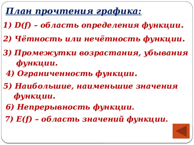 План прочтения графика: 1) D(f) – область определения функции . 2) Чётность или нечётность функции . 3) Промежутки возрастания, убывания  функции . 4) Ограниченность функции . 5) Наибольшие, наименьшие значения  функции . 6) Непрерывность функции. 7) E(f) – область значений функции.