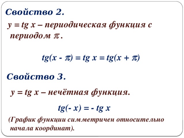 Свойство 2. y = tg x – периодическая функция с  периодом  . tg(x -  ) = tg x = tg(x +  ) Свойство 3. y = tg x – нечётная функция.  tg(- x) = - tg x (График функции симметричен относительно  начала координат).