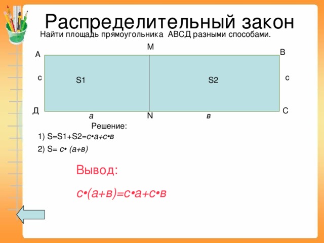 Распределительный закон Найти площадь прямоугольника АВСД разными способами. М В А с с S1 S2 С Д N в а Решение: 1) S=S1+S2 = с • а+с • в 2) S= с • (а+в) Вывод: с • (а+в)=с • а+с • в