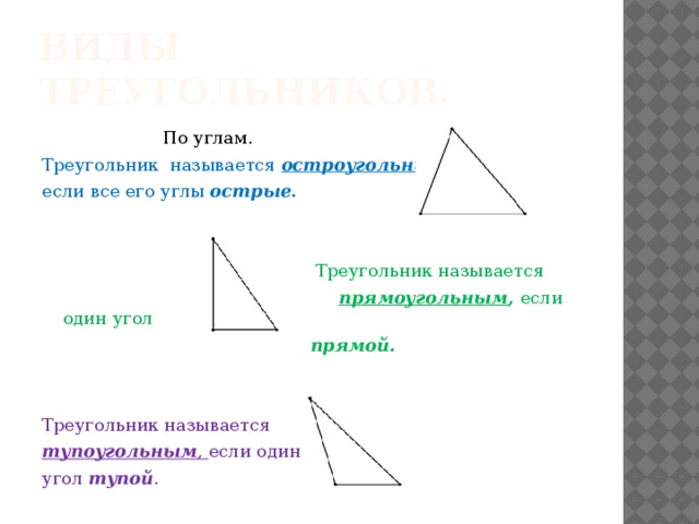 Виды треугольников.  По углам. Треугольник называется остроугольным , если все его углы острые .  Треугольник называется  прямоугольным , если один угол  прямой.   Треугольник называется тупоугольным , если один угол тупой .