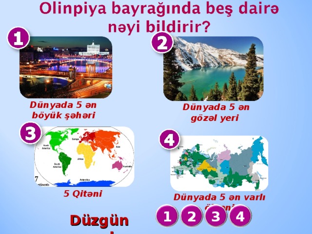 Dünyada 5 ən böyük şəhəri  Dünyada 5 ən gözəl yeri 5 Qitəni  Dünyada 5 ən varlı ölkəni 1 2 3 4 Düzgün cavab :