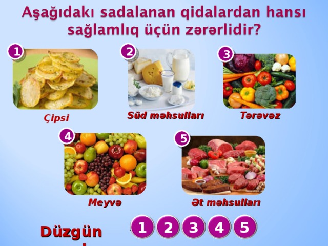 1 2 3 Tərəvəz  Süd məhsulları Çipsi 4 5 Meyvə  Ət məhsulları 1 2 3 4 5 Düzgün cavab :