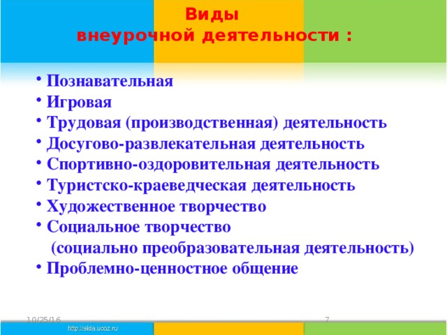 Виды  внеурочной деятельности : Познавательная Игровая Трудовая (производственная) деятельность Досугово-развлекательная деятельность Спортивно-оздоровительная деятельность Туристско-краеведческая деятельность Художественное творчество Социальное творчество  (социально преобразовательная деятельность) Проблемно-ценностное общение 10/25/16