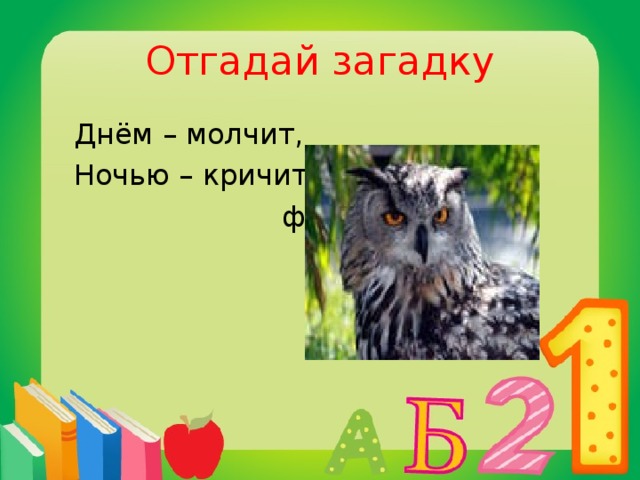 Отгадай загадку  Днём – молчит,  Ночью – кричит.  филин