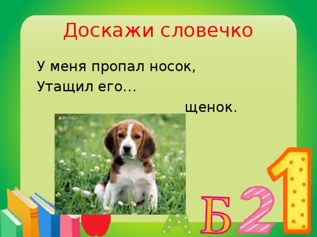 Доскажи словечко  У меня пропал носок,  Утащил его…  щенок.
