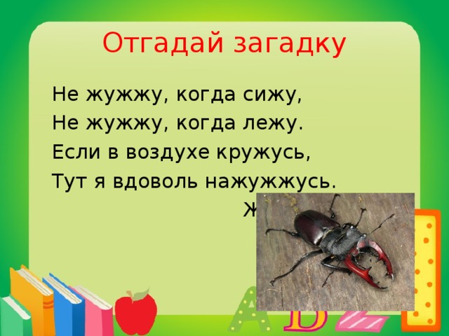 Отгадай загадку  Не жужжу, когда сижу,  Не жужжу, когда лежу.  Если в воздухе кружусь,  Тут я вдоволь нажужжусь.  Жук