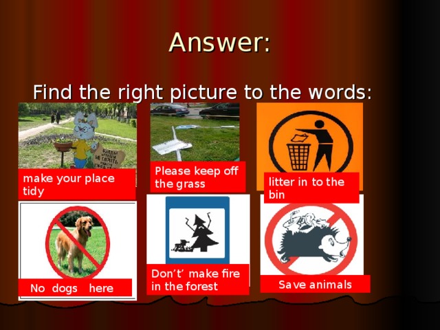 Answer:  Find the right picture to the words: Please keep off the grass make your place tidy litter in to the bin Don’t’ make fire in the forest  Save animals  No dogs here