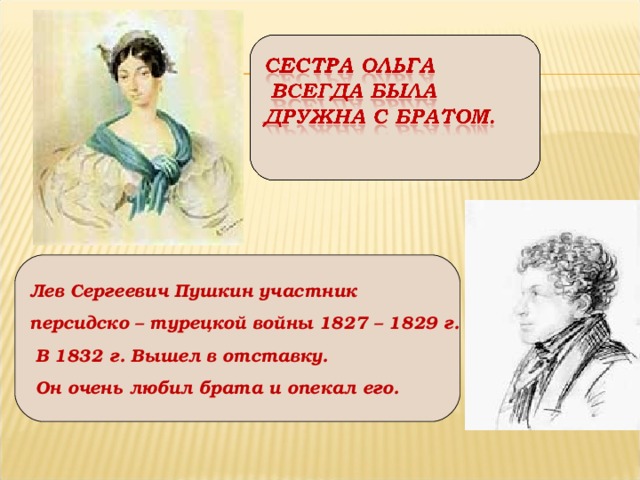 Лев Сергеевич Пушкин участник персидско – турецкой войны 1827 – 1829 г.  В 1832 г. Вышел в отставку.  Он очень любил брата и опекал его.