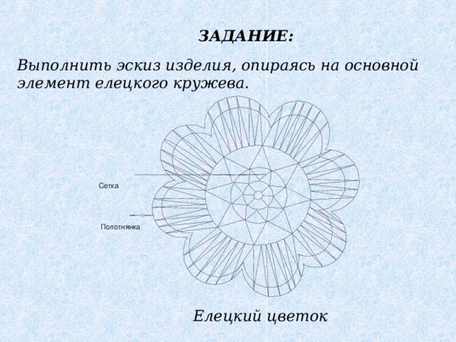 ЗАДАНИЕ: Выполнить эскиз изделия, опираясь на основной элемент елецкого кружева. Елецкий цветок