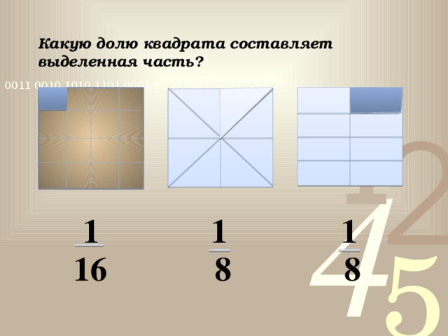 Какую долю квадрата составляет выделенная часть? 1 1 1 8 8 16