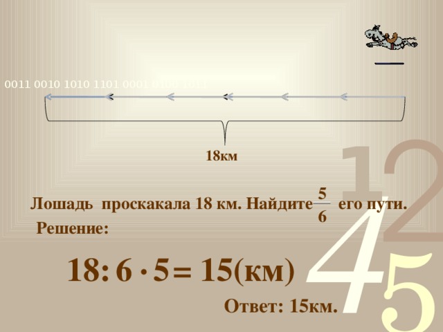 18км 5 Лошадь проскакала 18 км. Найдите его пути. 6 Решение:  . 15(км)  18: 6 5 = Ответ: 15км.