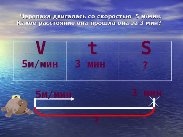 Черепаха двигалась со скоростью 5 м/мин. Какое расстояние она прошла она за 3 мин?  S t V 3 мин 5м/мин ? 3 мин 5м/мин ?