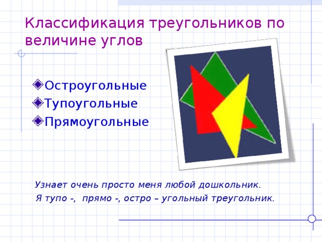 Классификация треугольников по величине углов Остроугольные Тупоугольные Прямоугольные  Узнает очень просто меня любой дошкольник.  Я тупо -, прямо -, остро – угольный треугольник.