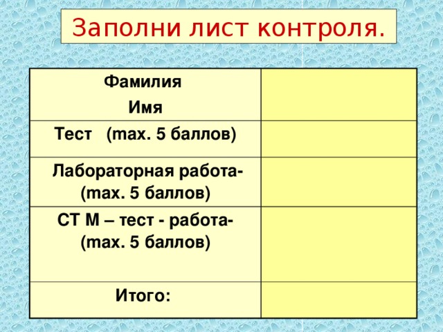 Заполни лист контроля. Фамилия Имя Тест (max. 5 баллов)  Лабораторная работа- (max. 5 баллов) СТ М – тест - работа- (max. 5 баллов) Итого: