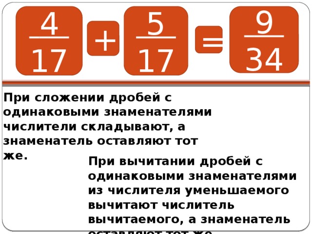 4  5  9 17 17 34 + = При сложении дробей с одинаковыми знаменателями числители складывают, а знаменатель оставляют тот же. При вычитании дробей с одинаковыми знаменателями из числителя уменьшаемого вычитают числитель вычитаемого, а знаменатель оставляют тот же.