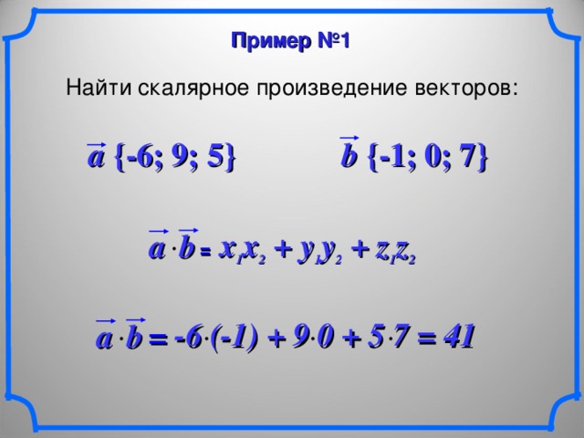 Пример №1 Найти скалярное произведение векторов: a {-6; 9; 5} b {-1; 0; 7} x 1 x 2 + y 1 y 2  + z 1 z 2 a b  =  -6 (-1) + 9 0  + 5 7 = 41 b  a  = 12