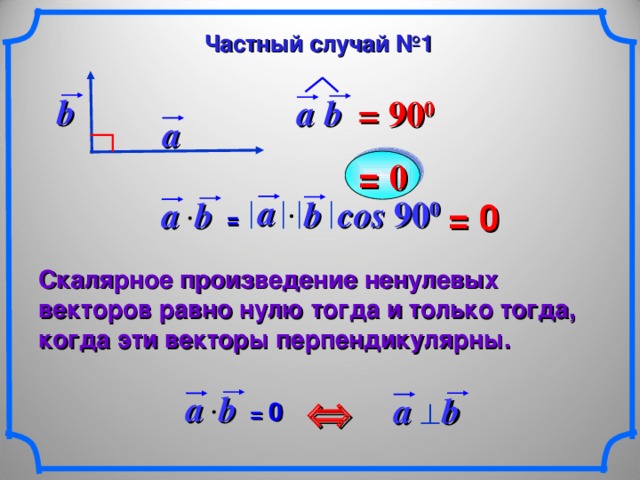 Частный случай №1 b  a b  =  90 0 a = 0 a cos 90 0 b  a b  = 0  = Скалярное произведение ненулевых векторов равно нулю тогда и только тогда, когда эти векторы перпендикулярны. b  a  b  a =  0  5