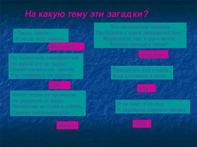 На какую тему эти загадки? Что за нелепый человек  Пробрался к нам в двадцатый век?  Морковкой нос, в руке метла,  Боится солнца и тепла? Текло, текло -  И легло под стекло.  Вода, лёд снеговик Он пушистый, серебристый,  Но рукой его не тронь:  Станет капелькою чистой,  Как поймаешь на ладонь. Прозрачен, как стекло,  А не вставишь в окно.  снег лёд Чтобы осень не промокла,  Не раскисла от воды,  Превратил он лужи в стёкла,  Сделал снежными сады. И не снег, и не лед,  А серебром деревья уберет. иней мороз